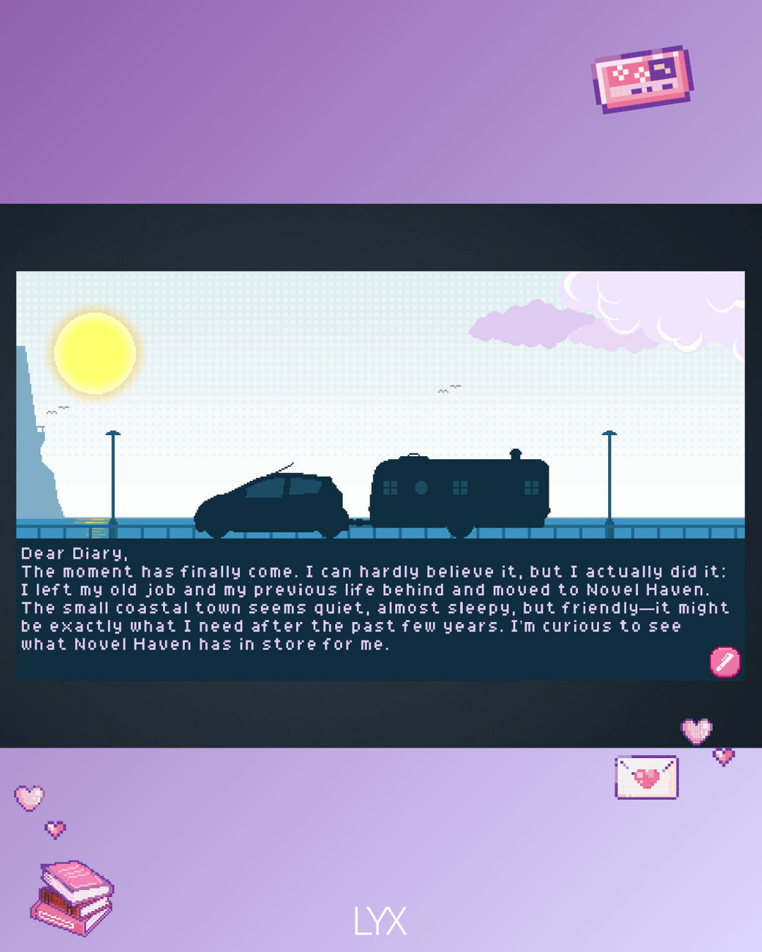 Novel Haven game screenshot — arriving in town by car and caravan