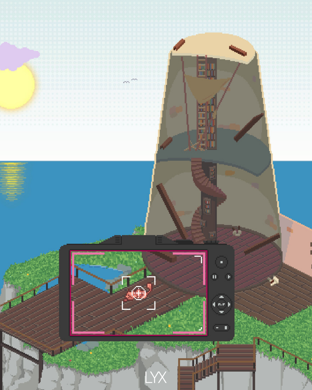 Novel Haven game screenshot — photo mode of the lighthouse bookshop